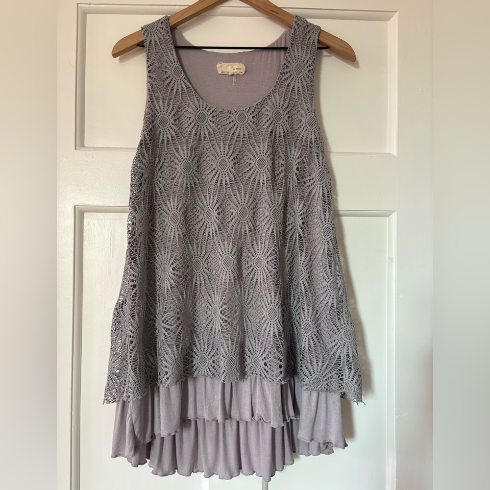 A’reve Top Women M Grey Floral Lace Crochet Romantic Boho Festival Casual Flirty